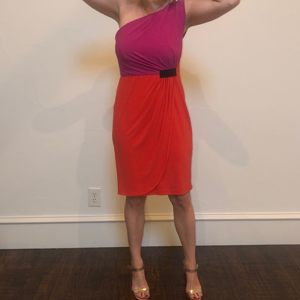 One shoulder pink and red color block dress.